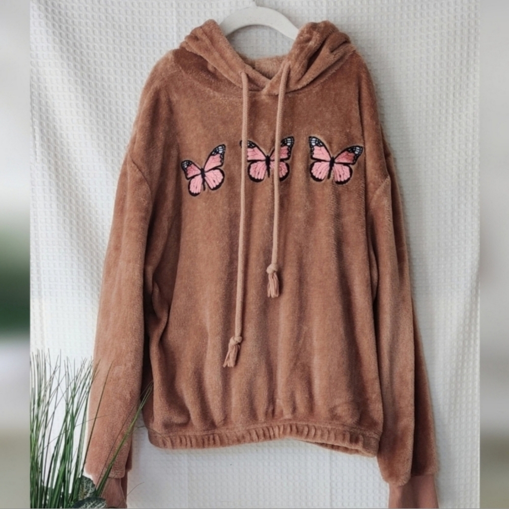 Mighty Fine Girls Camel Fleece Pullover Hoodie with Embroidered Butterflies  XS